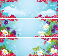 Valentine`s Day horizontal banners with hearts and wild flowers