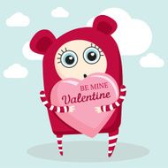 Cute cartoon character holding big heart Valentine&#039;s day postcard