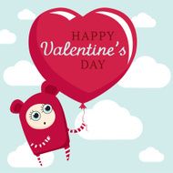 Cute cartoon character Valentine&#039;s day postcard with big heart balloon