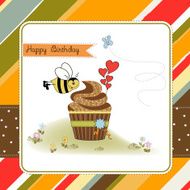 birthday greeting card with cupcake and funny bee