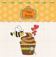 birthday greeting card with cupcake and funny bee N2