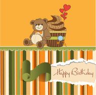 birthday greeting card with cupcake and teddy bear N3