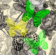 Seamless pattern with blooming wild roses and colorful butterflies