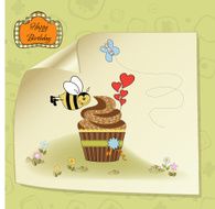 birthday greeting card with cupcake and funny bee N3