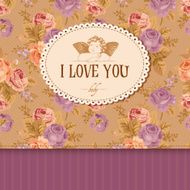 Vintage card with roses in the background and Cupid