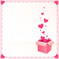 Pink greeting card with ornate box of hearts