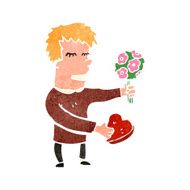 retro cartoon man with romantic gifts