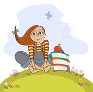 studious girl sitting barefoot in the grass N3