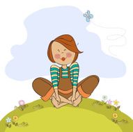romantic girl sitting barefoot in the grass N18
