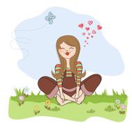 romantic girl sitting barefoot in the grass N19