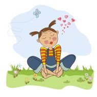 romantic girl sitting barefoot in the grass N20