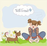 romantic girl sitting in the grass with her dog