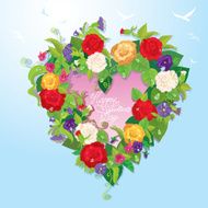 Heart shape is made of beautiful flowers roses pansies bellflowers