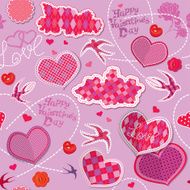 Valentines Day seamless pattern with hearts clouds and birds