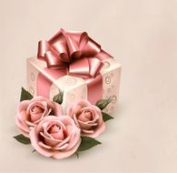 Holiday retro background with pink roses and gift box