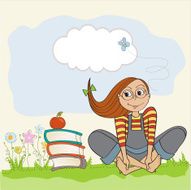 studious girl sitting barefoot in the grasss