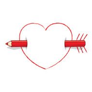 Horizontal Red Pencil Through Heart with Arrow and Feathers N2