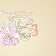 Hand drawn bird on sacura branch N3