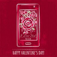 red valentine card with smartphone and roses