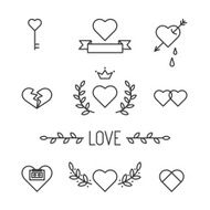 Set of lined hearts and elements in tattoo style