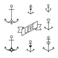 Set of seven lined anchors in tattoo style