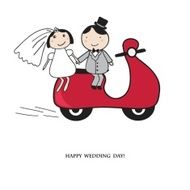 Bride and groom on the red scooter N2
