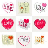 Romantic inscription love on the background of stylized heart Set