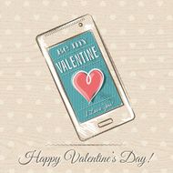 valentine card with smart phone and red heart vector