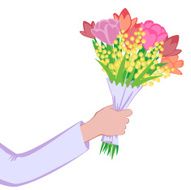 tulip and mimosa bouquet in hand