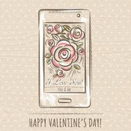 valentine card with smartphone and roses vector