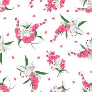 Lilies and orchids bouquet seamless print