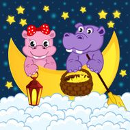 couple of hippos float on moon in clouds N2