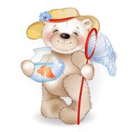 Smiling Bear in a straw hat standing with fish