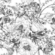 Seamless monochrome floral pattern with Birds N3