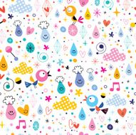 birds rain drops hearts fun characters pattern