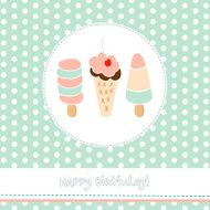 Greeting card with cute ice creams on polka dot background N3