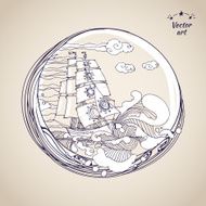 Sketch pen drawing sailfish at circle label