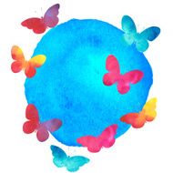 colorful watercolor butterfly with a round label N2