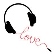 Black headphones red cord word love Music Flat design