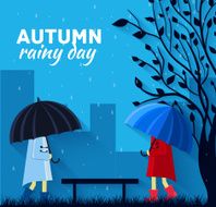 Girl and boy with umbrella in a autumn raining day N2
