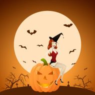 Beautiful red-haired PinUp witch on pumpkin