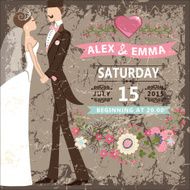 Retro wedding invitation Bride groom floral elements