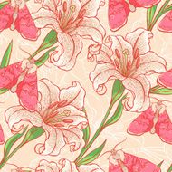 white lilies and pink moths