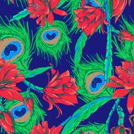 Seamless pattern with flowers and feathers