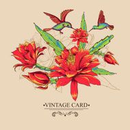 Vintage Card with Red Flowers and Hummingbirds