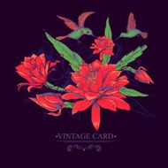 Vintage Card with Red Flowers and Hummingbirds N2