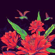 Vintage Card with Red Flowers and Hummingbirds N3