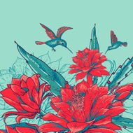 Vintage Card with Red Flowers and Hummingbirds N4