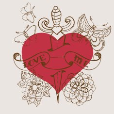 Old-school style tattoo heart with flowers and dagger Valentine