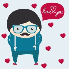 Hipster boy cartoon character Valentine day postcard